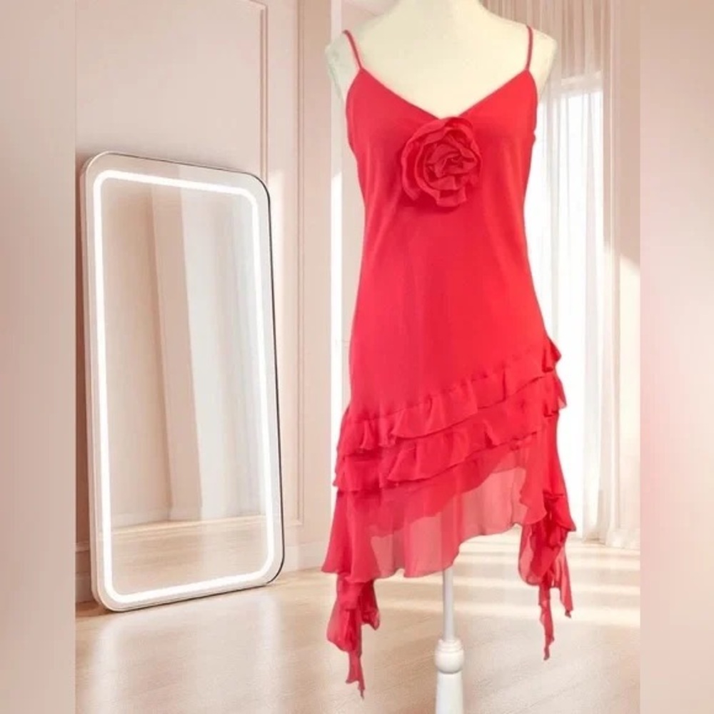 Gianni Bini Belle Rosette Sweetheart Neck Sleeveless Ruffle Chiffon Mini Dress